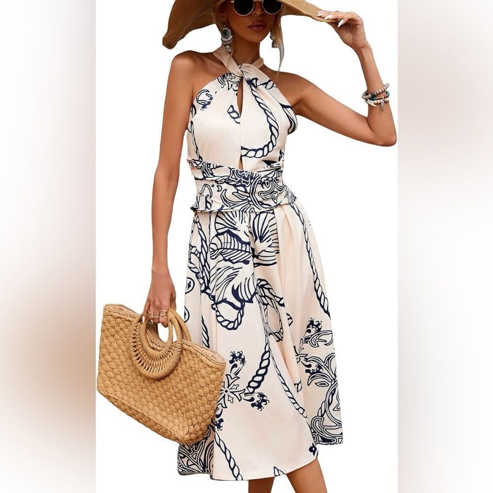 Sleeveless Halter Midi Dress in Cream with Navy Botanical Print